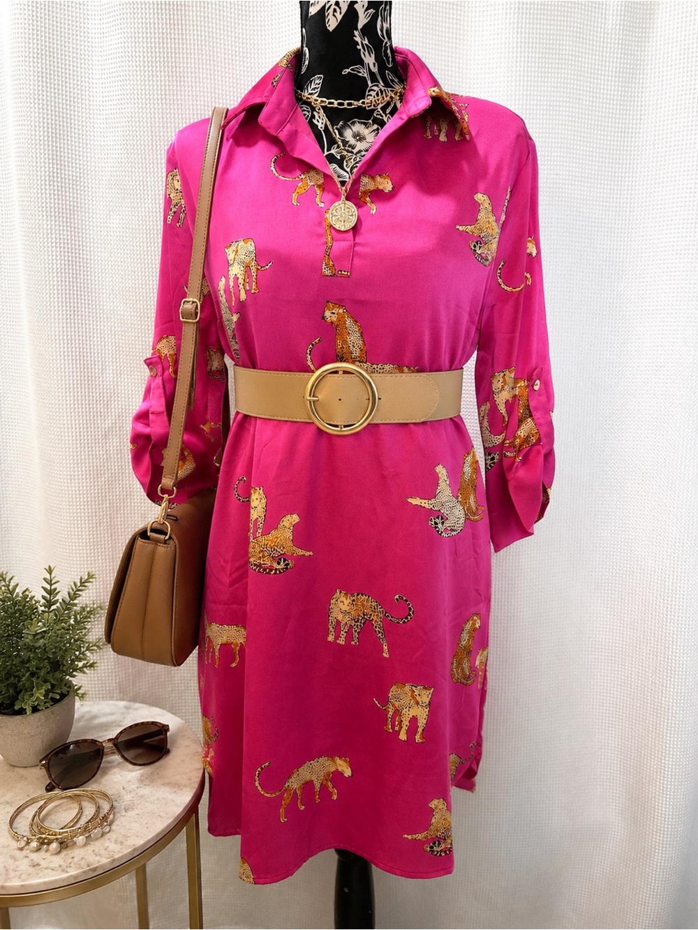 Entro Hot Pink Shirt Dress with Gold Cheetah Leopard Print Women S